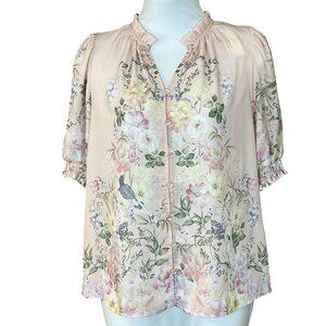 Cupcakes & Cashmere Short Sleeve Ruffle Neck Button Front  Floral Blouse S NWT